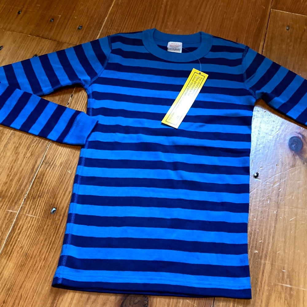 New! HANNA ANDERSSON 160 Two-Tone Blue Stripe Organic Pajama Top L/S